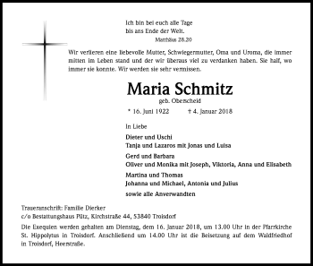 Anzeige von Maria Schmitz von Kölner Stadt-Anzeiger / Kölnische Rundschau / Express
