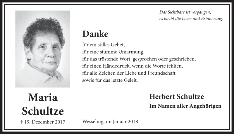  Traueranzeige für Maria Schultze vom 24.01.2018 aus  Schlossbote/Werbekurier 