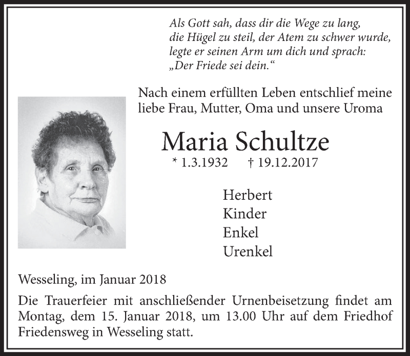  Traueranzeige für Maria Schultze vom 10.01.2018 aus  Schlossbote/Werbekurier 