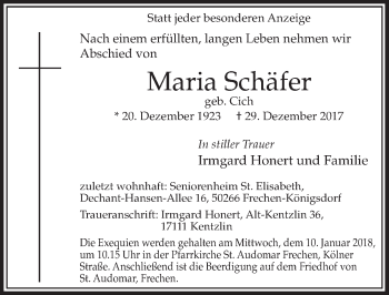 Anzeige von Maria Schäfer von  Sonntags-Post 