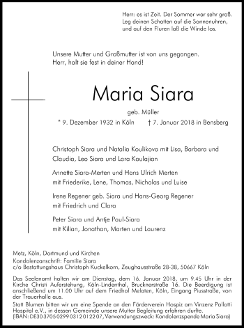 Anzeige von Maria Siara von Kölner Stadt-Anzeiger / Kölnische Rundschau / Express