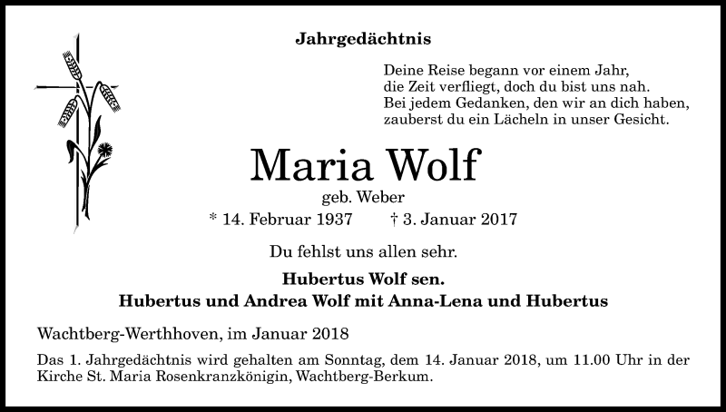  Traueranzeige für Maria Wolf vom 13.01.2018 aus Kölner Stadt-Anzeiger / Kölnische Rundschau / Express