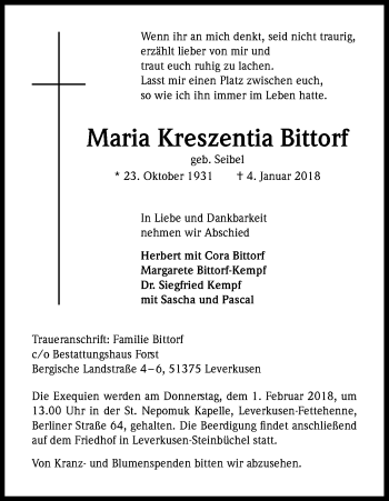 Anzeige von Maria Kreszentia Bittorf von Kölner Stadt-Anzeiger / Kölnische Rundschau / Express