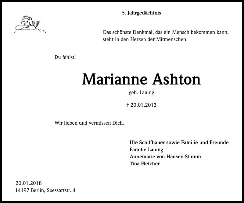  Traueranzeige für Marianne Ashton vom 20.01.2018 aus Kölner Stadt-Anzeiger / Kölnische Rundschau / Express