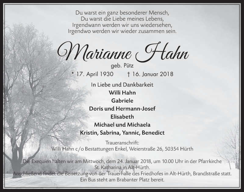  Traueranzeige für Marianne Hahn vom 24.01.2018 aus  Wochenende  Schlossbote/Werbekurier 