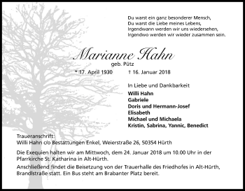 Anzeige von Marianne Hahn von Kölner Stadt-Anzeiger / Kölnische Rundschau / Express