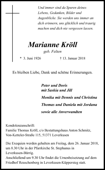 Anzeige von Marianne Kröll von Kölner Stadt-Anzeiger / Kölnische Rundschau / Express