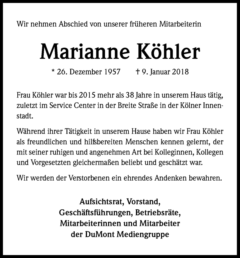  Traueranzeige für Marianne Köhler vom 20.01.2018 aus Kölner Stadt-Anzeiger / Kölnische Rundschau / Express