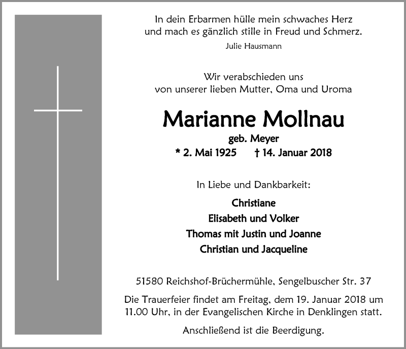  Traueranzeige für Marianne Mollnau vom 17.01.2018 aus  Lokalanzeiger 