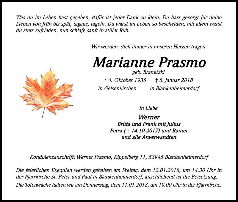  Traueranzeige für Marianne Prasmo vom 10.01.2018 aus Kölner Stadt-Anzeiger / Kölnische Rundschau / Express