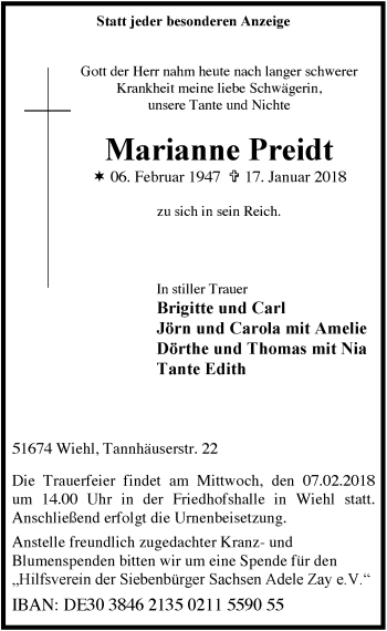 Anzeige von Marianne Preidt von  Anzeigen Echo 