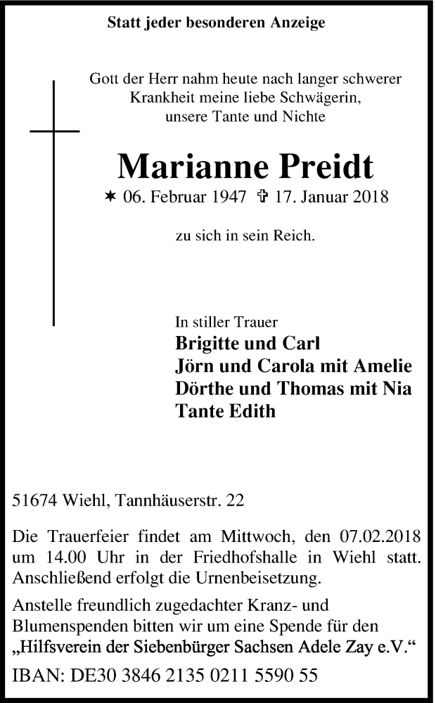  Traueranzeige für Marianne Preidt vom 27.01.2018 aus Kölner Stadt-Anzeiger / Kölnische Rundschau / Express