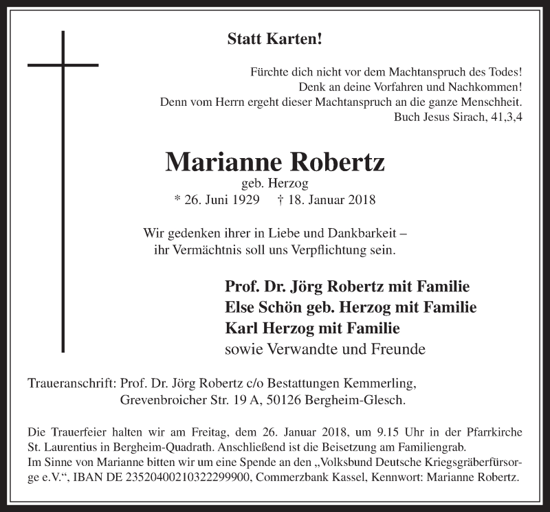  Traueranzeige für Marianne Robertz vom 24.01.2018 aus  Werbepost 