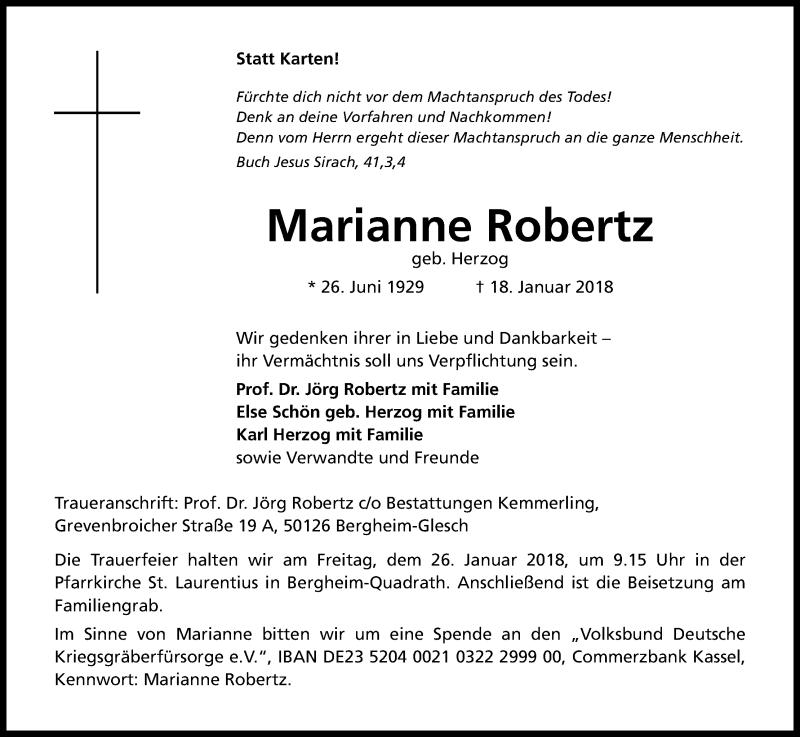 Traueranzeige für Marianne Robertz vom 20.01.2018 aus Kölner Stadt-Anzeiger / Kölnische Rundschau / Express