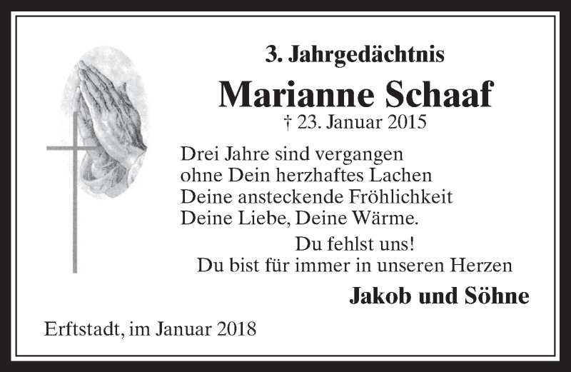  Traueranzeige für Marianne Schaaf vom 17.01.2018 aus  Werbepost 