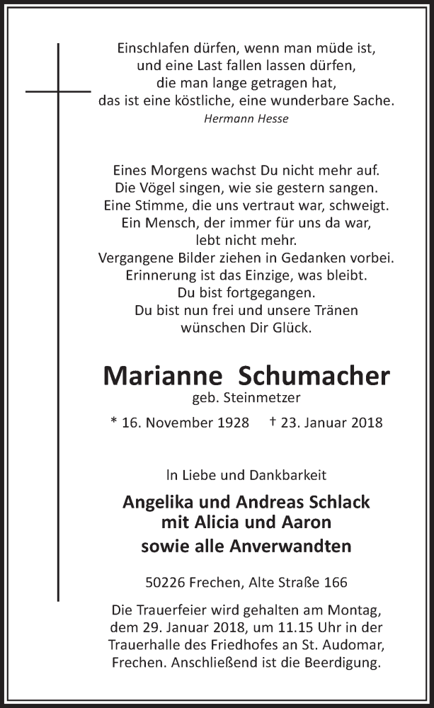  Traueranzeige für Marianne Schumacher vom 27.01.2018 aus  Sonntags-Post 