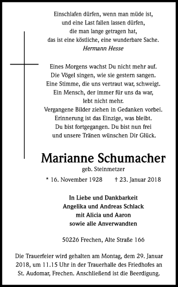 Anzeige von Marianne Schumacher von Kölner Stadt-Anzeiger / Kölnische Rundschau / Express