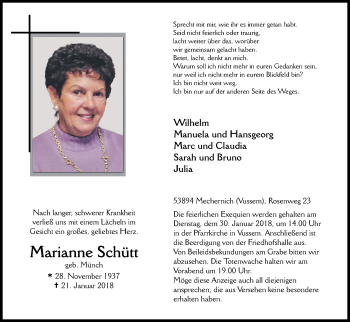 Anzeige von Marianne Schütt von Kölner Stadt-Anzeiger / Kölnische Rundschau / Express
