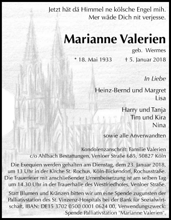 Anzeige von Marianne Valerien von Kölner Stadt-Anzeiger / Kölnische Rundschau / Express