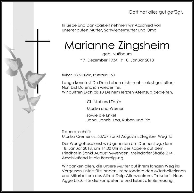  Traueranzeige für Marianne Zingsheim vom 13.01.2018 aus Kölner Stadt-Anzeiger / Kölnische Rundschau / Express
