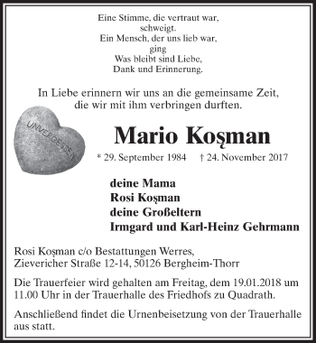 Anzeige von Mario Kosman von  Sonntags-Post 