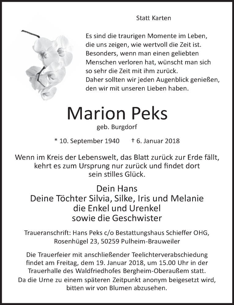  Traueranzeige für Marion Peks vom 17.01.2018 aus  Werbepost 