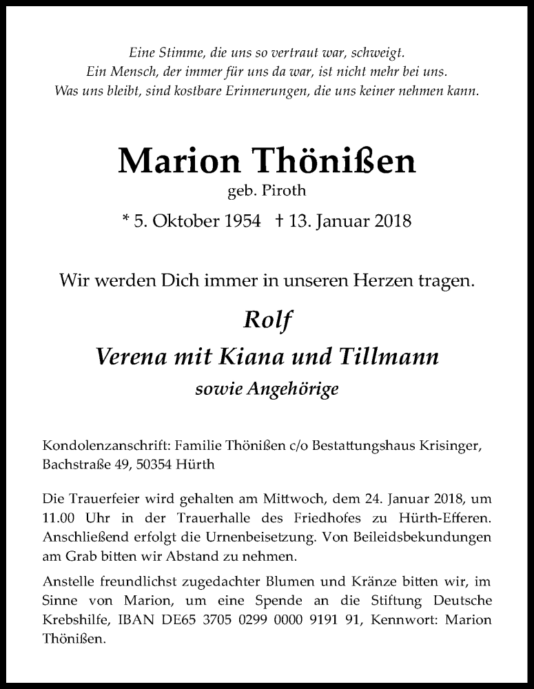  Traueranzeige für Marion Thönißen vom 23.01.2018 aus Kölner Stadt-Anzeiger / Kölnische Rundschau / Express