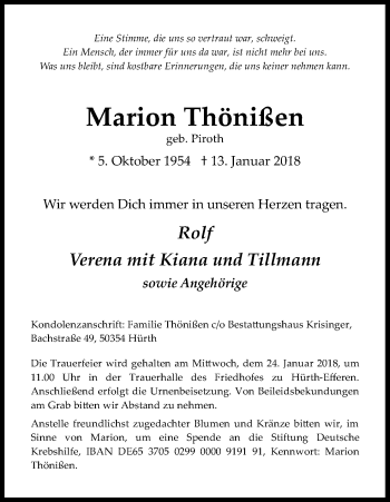 Anzeige von Marion Thönißen von Kölner Stadt-Anzeiger / Kölnische Rundschau / Express