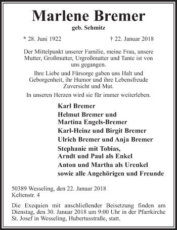 Anzeige von Marlene Bremer von  Schlossbote/Werbekurier 