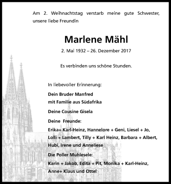 Anzeige von Marlene Mähl von Kölner Stadt-Anzeiger / Kölnische Rundschau / Express