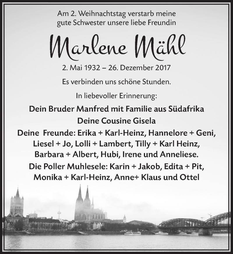  Traueranzeige für Marlene Mähl vom 13.01.2018 aus 