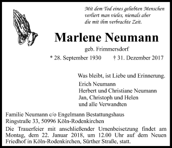 Anzeige von Marlene Neumann von Kölner Stadt-Anzeiger / Kölnische Rundschau / Express