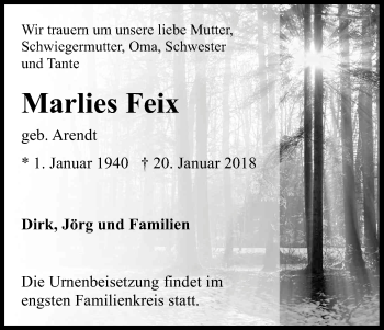 Anzeige von Marlies Feix von Kölner Stadt-Anzeiger / Kölnische Rundschau / Express