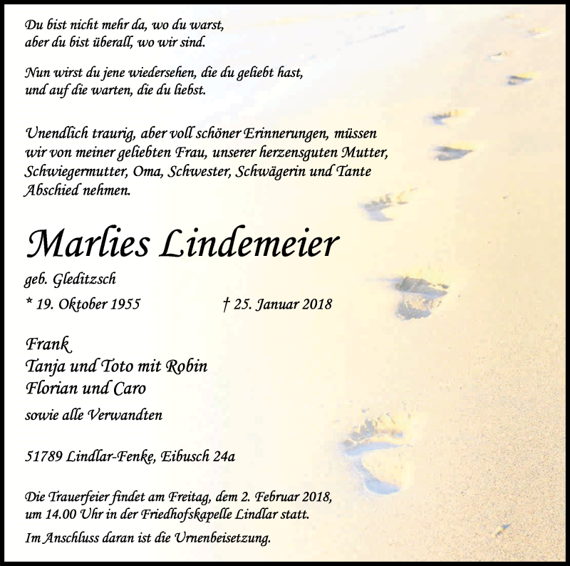  Traueranzeige für Marlies Lindemeier vom 30.01.2018 aus Kölner Stadt-Anzeiger / Kölnische Rundschau / Express