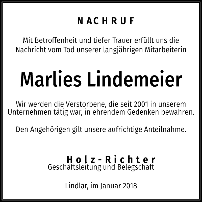  Traueranzeige für Marlies Lindemeier vom 31.01.2018 aus Kölner Stadt-Anzeiger / Kölnische Rundschau / Express
