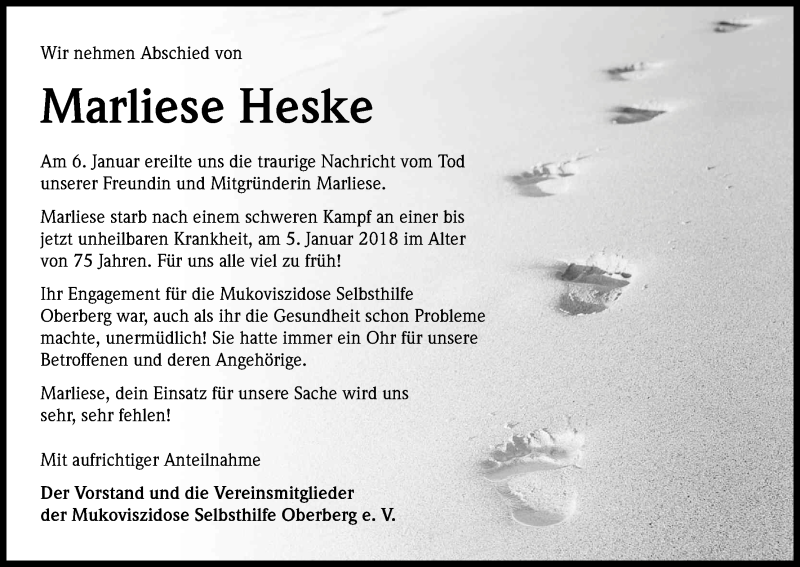  Traueranzeige für Marliese Heske vom 13.01.2018 aus Kölner Stadt-Anzeiger / Kölnische Rundschau / Express