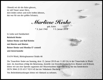 Anzeige von Marliese Heske von Kölner Stadt-Anzeiger / Kölnische Rundschau / Express