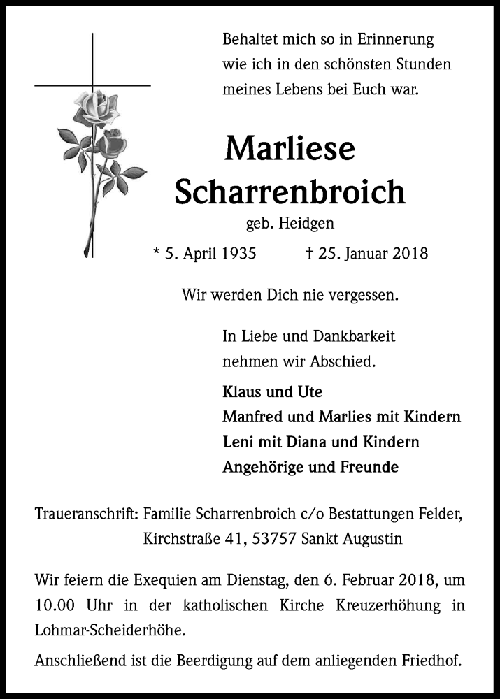  Traueranzeige für Marliese Scharrenbroich vom 31.01.2018 aus Kölner Stadt-Anzeiger / Kölnische Rundschau / Express