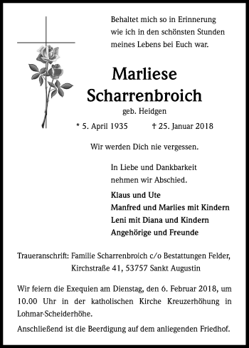 Anzeige von Marliese Scharrenbroich von Kölner Stadt-Anzeiger / Kölnische Rundschau / Express