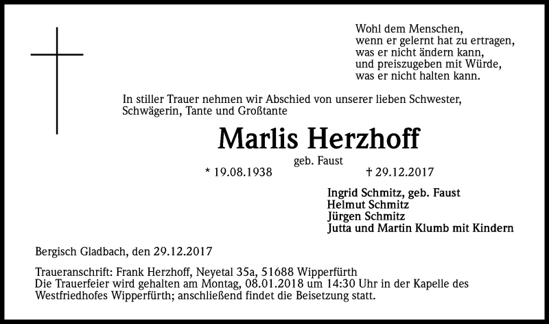  Traueranzeige für Marlis Herzhoff vom 05.01.2018 aus Kölner Stadt-Anzeiger / Kölnische Rundschau / Express