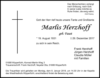 Anzeige von Marlis Herzhoff von Kölner Stadt-Anzeiger / Kölnische Rundschau / Express