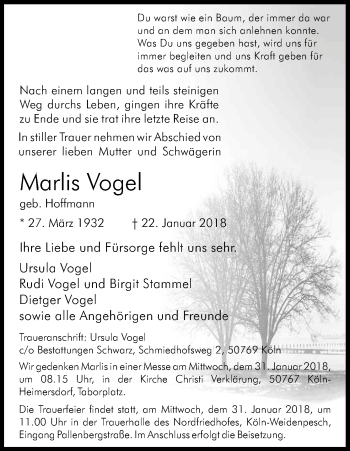 Anzeige von Marlis Vogel von Kölner Stadt-Anzeiger / Kölnische Rundschau / Express