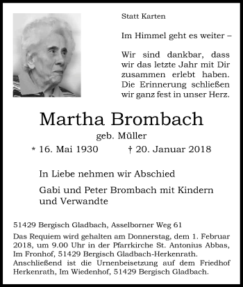 Anzeige von Martha Brombach von Kölner Stadt-Anzeiger / Kölnische Rundschau / Express