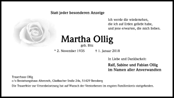 Anzeige von Martha Ollig von Kölner Stadt-Anzeiger / Kölnische Rundschau / Express