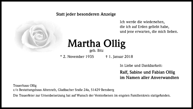  Traueranzeige für Martha Ollig vom 18.01.2018 aus Kölner Stadt-Anzeiger / Kölnische Rundschau / Express