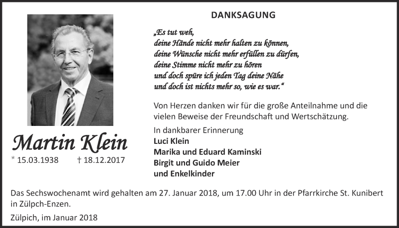  Traueranzeige für Martin Klein vom 20.01.2018 aus  Blickpunkt Euskirchen 