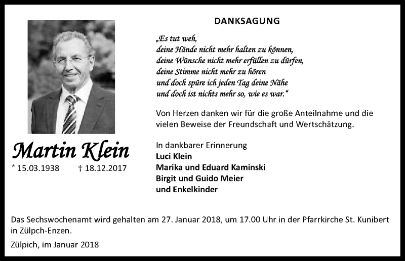  Traueranzeige für Martin Klein vom 20.01.2018 aus Kölner Stadt-Anzeiger / Kölnische Rundschau / Express