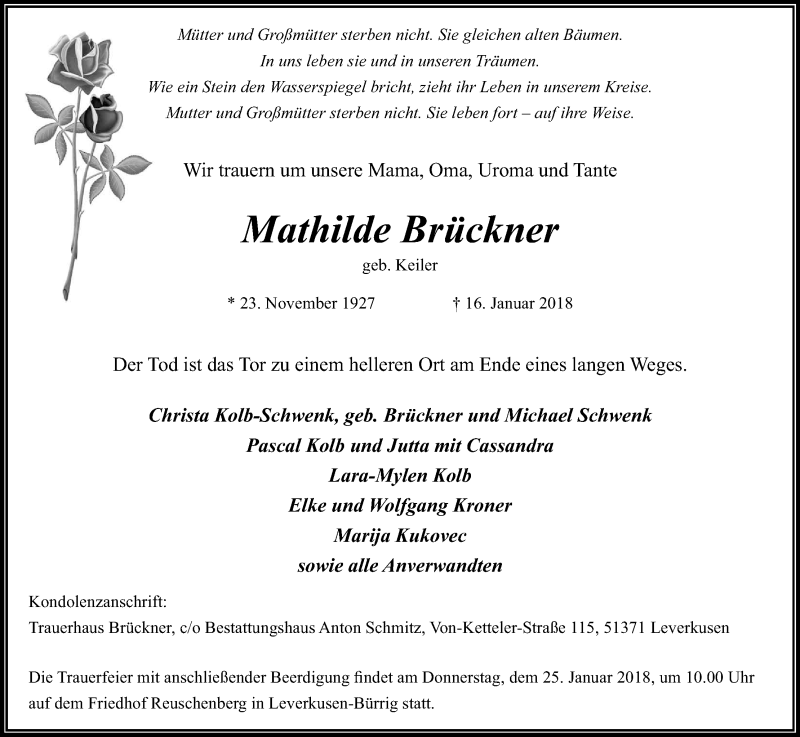  Traueranzeige für Mathilde Brückner vom 20.01.2018 aus Kölner Stadt-Anzeiger / Kölnische Rundschau / Express
