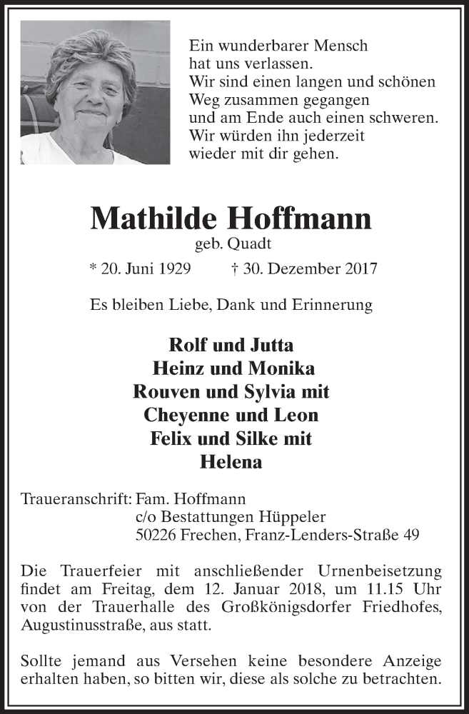  Traueranzeige für Mathilde Hoffmann vom 06.01.2018 aus  Sonntags-Post 