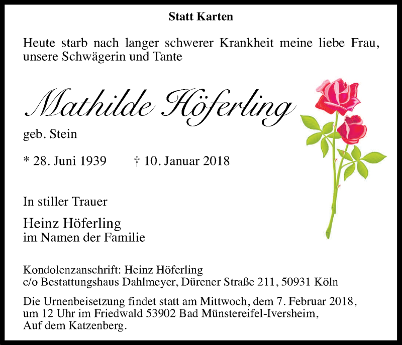  Traueranzeige für Mathilde Höferling vom 27.01.2018 aus Kölner Stadt-Anzeiger / Kölnische Rundschau / Express